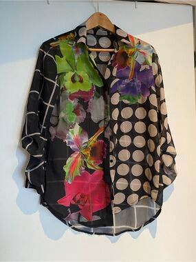 Desigual Black Sheer Blouse with Multicolor Floral & Polka Dot Panels